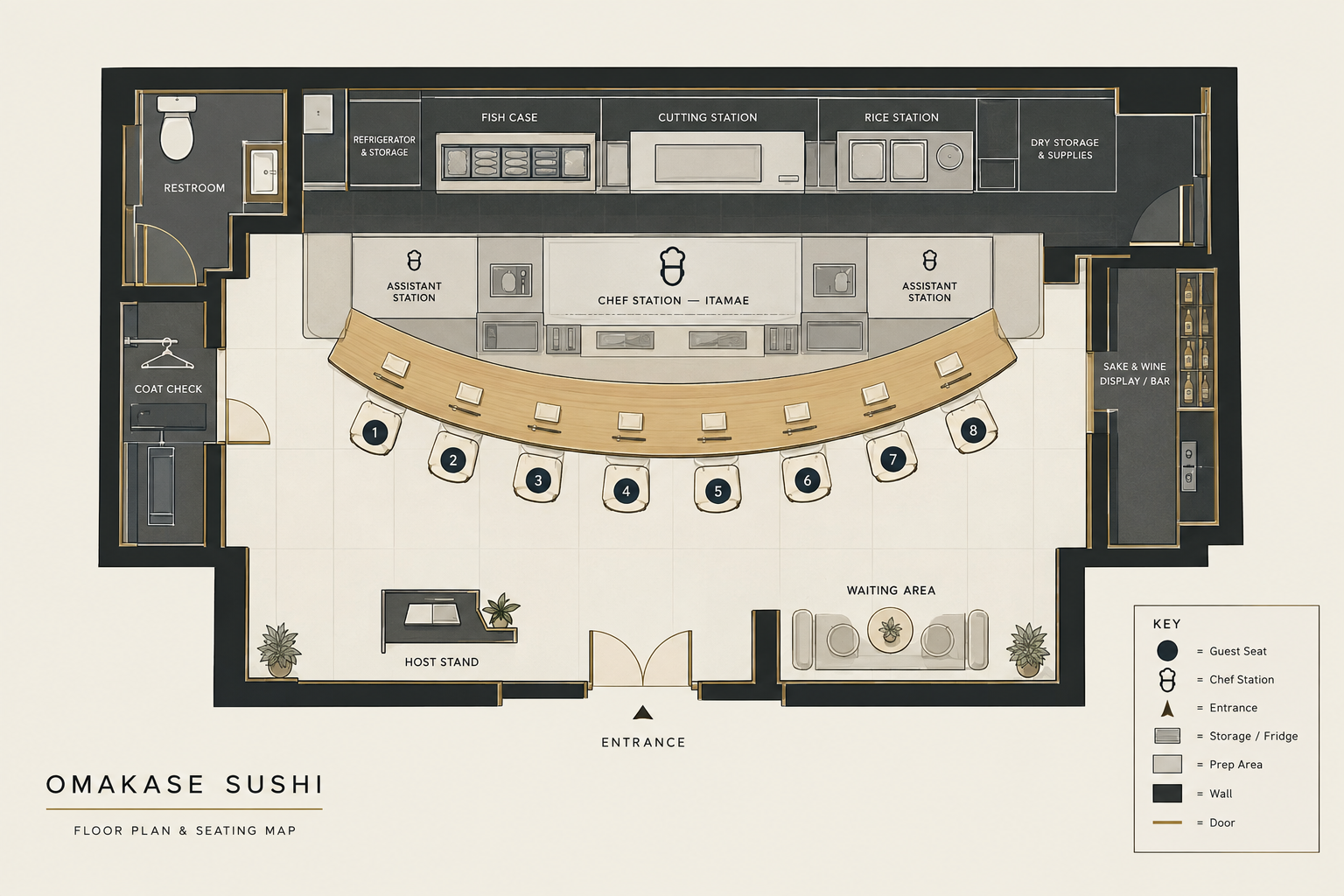 Shun floor plan — open kitchen, eight-seat counter and eight numbered guest seats